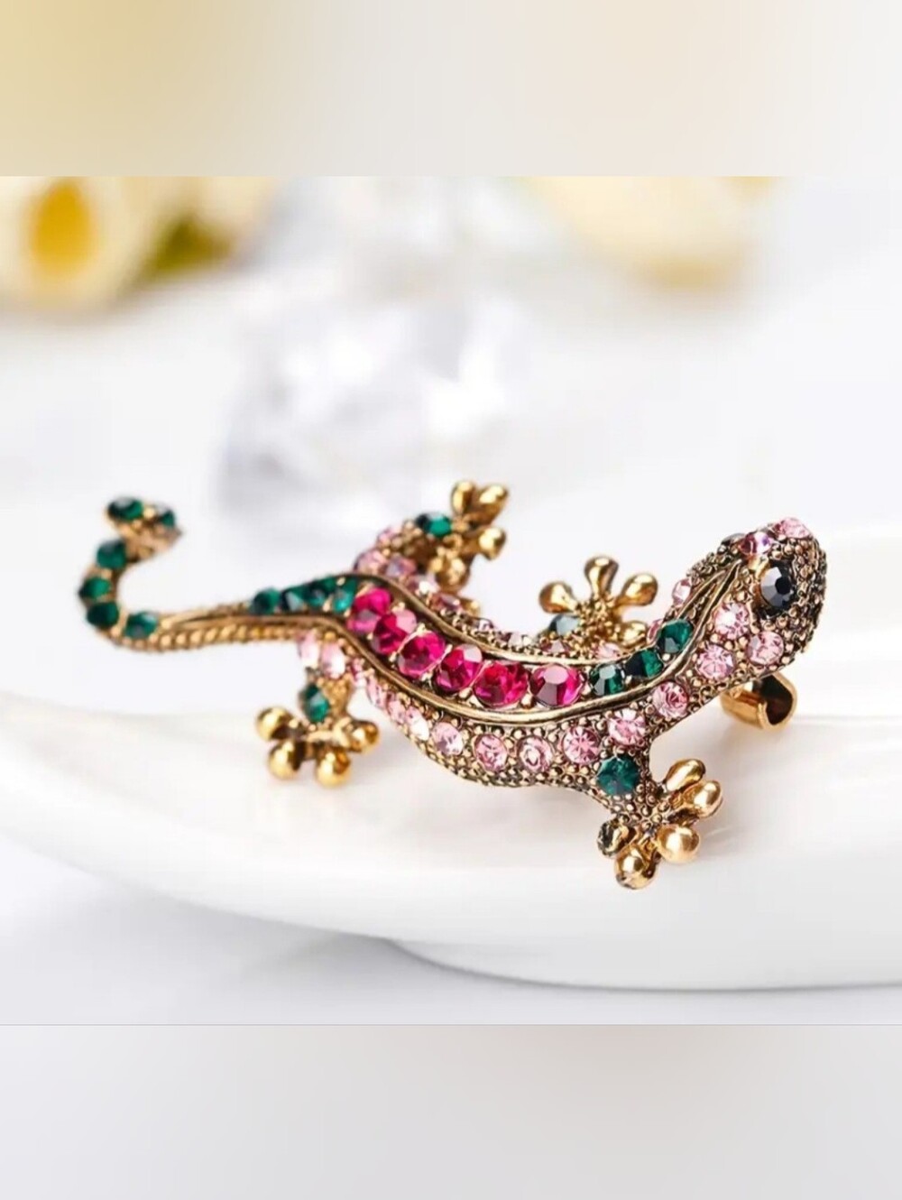 Gold-tone Colorful Gecko Lizard Brooch with Pink, Green and Red Crystals